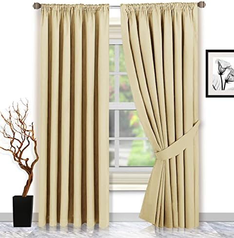 Sunrise Bedding Pencil Pleat Blackout Pair Curtains for Bedroom (229 x 275 CM) Thermal Super Soft Interwoven Blackout Pencil Pleat Curtains + 2 Tie Backs (2 x (W 90" x L 108"), Cream)