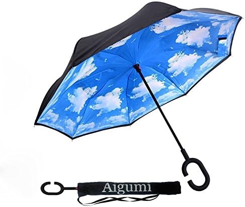 AIGUMI Waterproof Reverse Folding Double Layer Inverted Umbrella, Self Standing Inside-Out, C-Shaped Free Hand Handle Blue Sunny Sky Long Inverted Travel Umbrella (Sky blue)