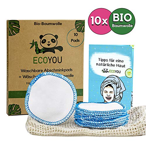 EcoYou® Abschminkpads waschbar BIO-Baumwolle [10x] Inkl. Wäschenetz aus Baumwolle ? Nachhaltige ZERO WASTE Wattepads wiederverwendbar ? Bonus: Gesichtspflege Guide + DIY Rezepte
