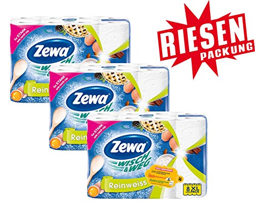 Zewa Wisch und Weg Küchenrollen Reinweiss, saugstarke Wischtücher in hellem Weiß, 3 x 8 Rollen (24 x 45 Blatt) - 2
