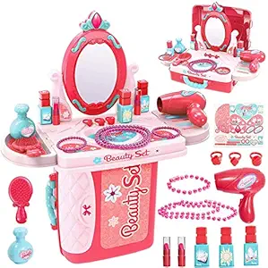 MANVI Beauty Set for Kids, Beauty Set with Suitcase for Girls, Kids Makeup Set, Beauty Play Set for Kids, Make-up Set for Kids, Portable Beauty Set for Kids (3 in 1 Beauty Suitcase)