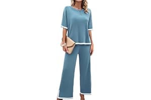 OLIPHEE Mujer Conjunto Chándal Traje De Punto Dos Piezas Casual Tejido Conjunto De Camiseta De Manga Corta Y Pantalones Conjunto De Pijama Cómodo Moda Color Sólido Verano