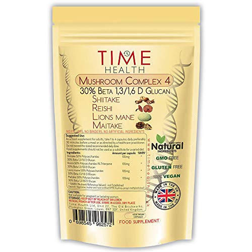 Complexe de 4 champignons - 30 % de bêta-(1,3/1,6)-D glucane - FORCE EXCEPTIONNELLE 21 000 mg par capsule - Shiitake, reishi, hydne hérisson et maïtaké (120 capsules)