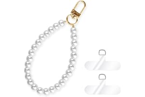 Phoona Universal Handykette Perlen Geeignet für alle Smartphones, mit Abnehmbarer Kette zum Umhängen Handyschnur, Handyband mit Jeder Hülle Kombinierbar - (Weiss Perlen 10mm), 2×Durable Patches