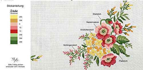 Bezaubernde Stickpackung “ BLUMENROMANTIK “ mit zauberhaften Blumen – Stickdecke 80 cm x 80 cm – Stielstich Plattstich Schlingenstich Nadelmalerei vorgezeichnet – Stickgarn aus 100 % Baumwolle – fertig gesäumt mit eingewebtem Zierrand – qualitativ hochwertig – zum Sofort-Loslegen – Mitteldecke 80 cm x 80 cm – zum Selbersticken – aus dem KAMACA-SHOP - 2