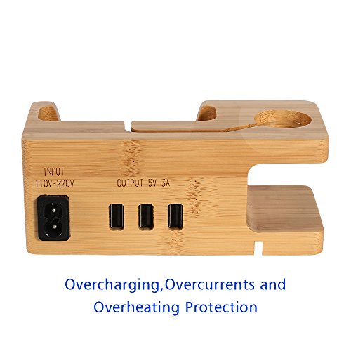 iCozzier 3 USB-Anschlüsse Ladestation aus Bambus mit Apple Watch Stand, Apple Watch Ladestand & iphone Desktop Stand/ Bambus Desktop Stand , Multi- Device Tisch-Organizer Ladedock Halterung für iPhones, Nexus, Galaxy und andere Smartphones - 5