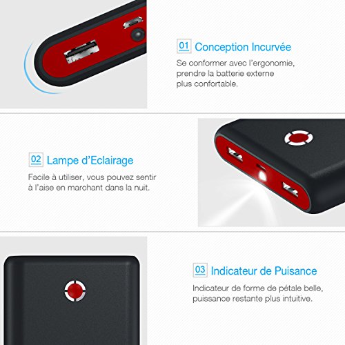 POWERADD Pilot X7 Chargeur Portable 20000mAh avec Deux Port de Sortie  3 1A 3 1A  pour iPhone  iPad  Samsung  Huawei  d   Autres Smartphones - Noir Rouge