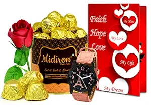 Midiron Romantic Gift For Wife | Romantic Gift For Special Person | Birthday Gift ( Red Rose | Chocolates Box | Love Greeting Card | Girls Watch )