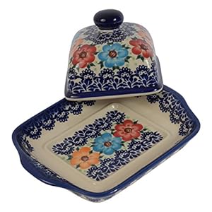 Traditional Polish Pottery, Handcrafted Ceramic Butter Dish with Lid, Boleslawiec Style Pattern, B.101.BLUELACE