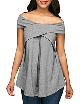 ZEZKT Damen Beiläufige Bluse Shirt Tops Sommer Oberteile Kreuz Design Schulterfrei T-Shirt Schwarz Off-Shoulder...