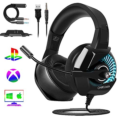 ONIKUMA Cascos Gaming PS4/PC/Xbox One, Auriculares Gaming Headset con Micrófono 3.5mm Jack para Nintendo Switch o Móvil, Auriculares de Diadema con Cancelación de Ruido Mic y 7.1 Sonido Envolvente