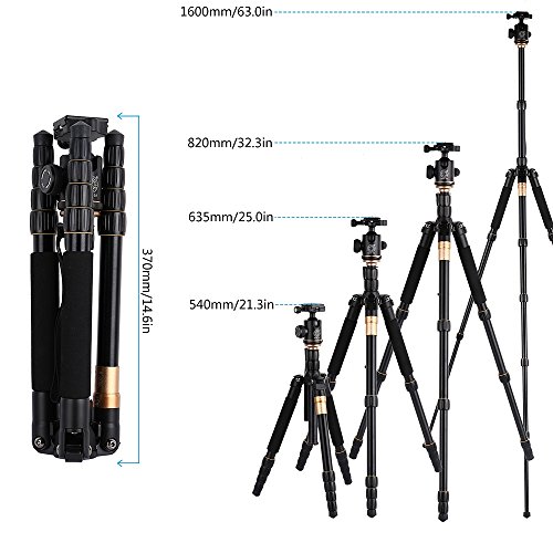 Trípode - LESHP Trípode Aluminio Ligero Viaje con Patas de 5 Secciones, 360 Grado Rótula de Bolda, 8kgs Capacidad de Carga, Altura extendida 160cm para Panasonic Canon Nikon Sony GoPro Fujifilm Kodak Cámara DSLR y DV