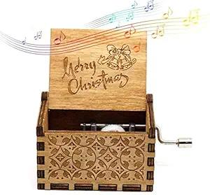 eitheo wooden hand cranked collectable engraved jingle bell music box (merry christmas)-Multi color