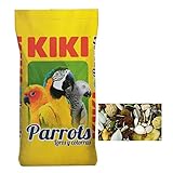 Ingredientes: piña, papaya, plátano, pasas, guindillas, algarroba, cacahuetes cáscara, alazor, pipas, pipa iregi, pipas blancas, sorgo, sorgo blanco, cañamones, trigo, maíz, katjang idjoe y extrusionado especial para loros.