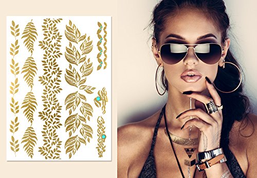 Flash Tattoo Metallic Temporary Einmal Tattoo Klebe Gold Silber Floral Blätter Armband Kette gold - 2