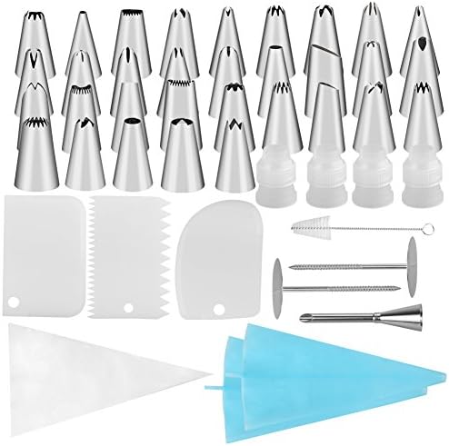 Cake Decorating Tips, Tatuer Set of 32PCS Piping Nozzles Stainless Steel Reusable Sockets Cake Stencil Pastry Bag Patisserie for Cake Decorating / Cream + 2 Silicone Pastry Bag +4 Couplers + 1 Icing Piping Nozzle Tip + 2 Flower Nails + 3 Spatulas + 50 Disposable Pastry Bag + 1 Brush
