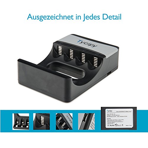 Tycipy LED Akku Ladegerät für Ni-MH/Ni-CD AA/AAA Akkus, Universal Akkuladegerät für 800mAh 5V 4 AA/AAA Batterien mit mit LED-Anzeige Schwarz - 4