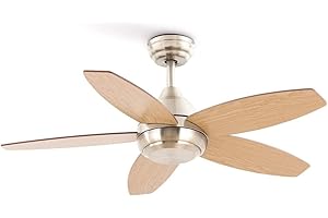 CREATE / FLOWOOD/Ventilateur de plafond à moteur nickel AC,pales en bois naturel/Silencieux, 2 niveaux, minuterie