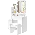 LEMROE Hollywood Dressing Table with LED Mirror and Stool, Faux Leather Makeup Table with 7 Shelves and 4 Drawers Vanity Dresser for Women Girls, Modern Bedroom Furniture (4 Drawers)
