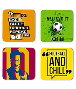 DecorVecor Football Inspired Printed Coasters with Beautiful Metal Stand/Holder (MDF Wooden, Set of 4, 3.5x3.5 Inch, Square) for [ Tea/Coffee/Mug/ ] Football, Game, Sports (Design 3)