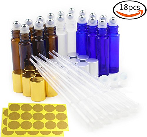 Goodlucky365 18 Stück 10ml nachfüllbare Flaschen für dufte ätherischem Öl mit Edelstahl Rolle Lagerkugeln, 6 x 3ml Tropfenzähler, 3 Stück Lagerkugeln