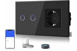 BSEED Interruttore touch intelligente a 1 via con 2 pulsanti e Wi-Fi, presa di messa a terra standard, compatibile con Alexa, Tuya, Smart Life, neutro richiesto, nero
