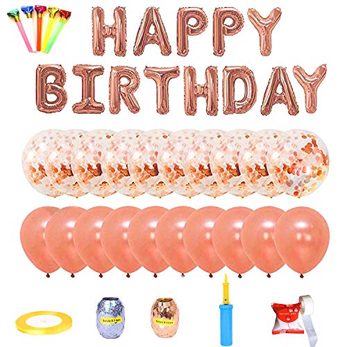 HyAiderTech Decoración de cumpleaños Oro Rosa, Feliz cumpleaños Decoración Guirnalda Banner de cumpleaños para Fiesta con Globos de Confeti Globos de látex de Oro Rosa con Cuerdas