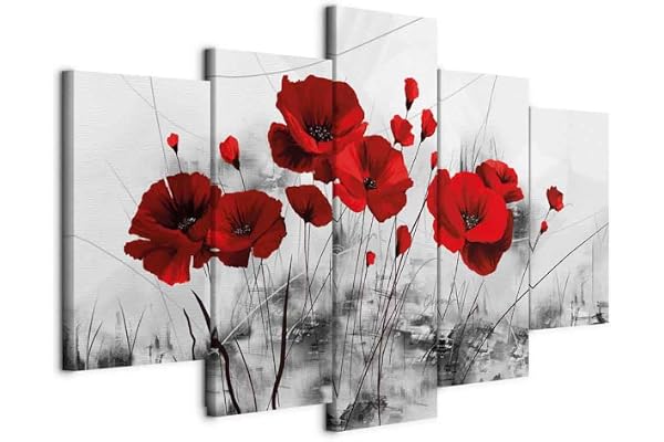 B&D XXL - Tableau décoratif moderne 200x100 cm - Impression sur toile colorée - Décoration murale pour salon et chambre - Cadre en Bois - Gris rouge - Coquelicot fleurs nature plantes 0107-5