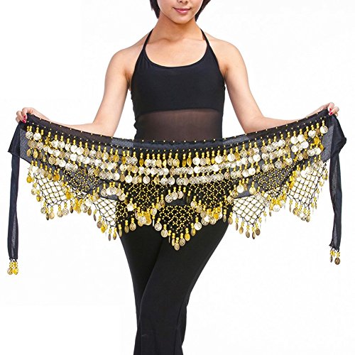 Best Dance Women's Sweet Bellydance Hip Scarf With Gold Coins Skirts Wrap Noisy Black