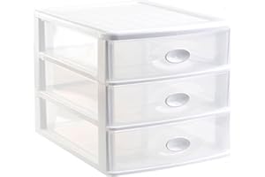 Acan Tradineur - Loira Commode de bureau en plastique, 3 tiroirs transparents, tour de rangement multi-usages, bureau, salle de bain (blanc, 27 x 27 x 35,5 cm)