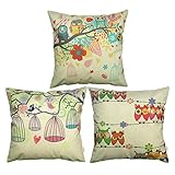 Luxbon 3er in Packung Jacquard Eule Owl Muster Leinen Kissenbezug Wurfkissenbezug Platz Dekorative Akzente Setzen Pillowcase Cafe Haus Auto Deko 18 x 18 ''