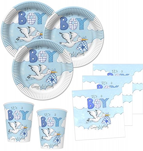NEU 48 Teile Baby Shower Deko Set Storch in Blau 16 Personen