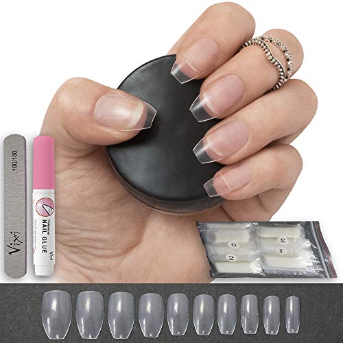 100 Piezas Corto Transparente Coffin/Bailarina Uñas Postizas, 10 Tallas - Completo Funda Uñas para Uñas Salones & DIY Manicura Cola Gratis & Pequeño Prep Lima