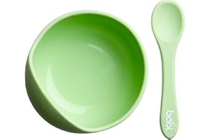Babi® Baby Toddler Suction Bowl & Matching Spoon Set, 100% Food Grade Silicone, with Stay Put Silicone Suction (GREEN)