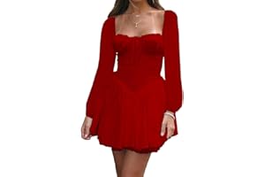 Miolasay Damen Puffkleid mit Rüschen, integrierte Shorts, Spitze, U-Boot-Ausschnitt, lange Ärmel, Volant, Body, schulterfrei, lange Ärmel, mehrlagiges, kurzes Kleid