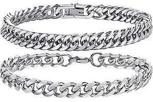 Ledander Set of 2 Mens Curb Chain Bracelets, Stainless Steel Cuban Link Bracelet 6 Side Cut Men's Hip-Hop Jewelry, Cuban Chain Bracelet Set for Men Dad Boyfriend Husband