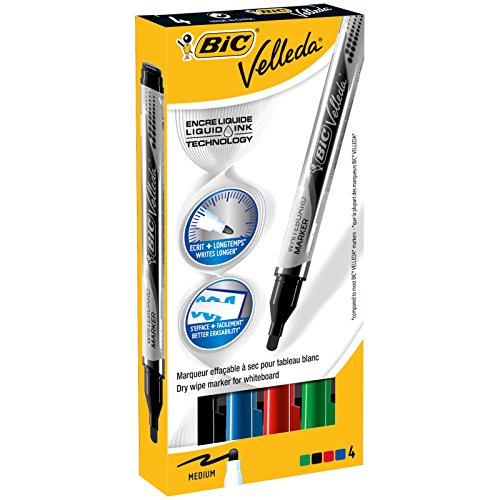 BIC Velleda Pocket rotuladores de Pizarra Punta Ancha - colores Surtidos, Blíster de 4 unidades