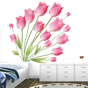 StickMe Pink Tulip Blooming Beautiful Flowers Wall Stickers - SM1020 (PVC Vinyl - 100Cm X 100 cm)