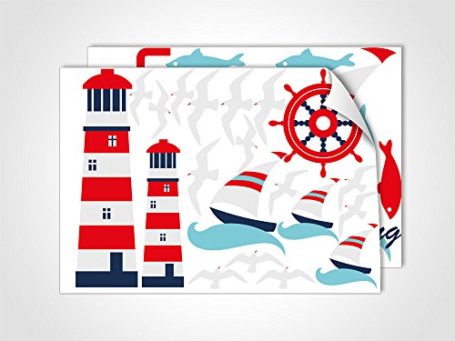 Wandsticker Sticker DIN A4 Set für Badezimmer Maritim Leutturm Möwen Segelboote (DIN A4 (2Stück))
