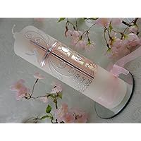 Taufkerze Kreuz rosa Perlmutt silber mit Taufsymbolen Taufkerzen für Mädchen 250/70 mm mit Name und Datum