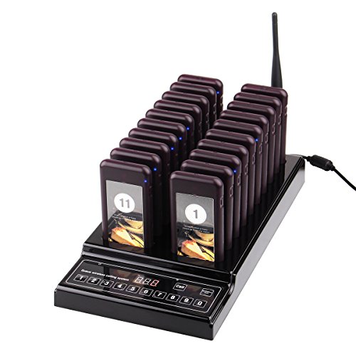 Tivdio T-112 Sistema de Llamadas con un Transmisor + 20 Localizadores Recargables Portátil Inalámbrico Sistema Adecuado para Restaurante Food Court Factory Cafetería Lglesia Garantía 2 Años