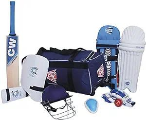CW Lefty Kashmir Willow Full Academy Cricket Kit Set, Polyester Fabric Wheel Cricket Bag, Leather Ball Bat - Size 3 for 5-7 Year Old Kids, Blue White