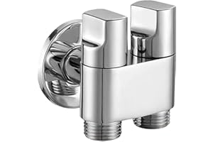Gdfnmogo Válvula de ángulo de control dual de aleación 1 en 2 salidas con mango de metal y presión de agua ajustable, conector de rosca G1/2 para lavadora, fregadero de cocina, baño (plata)