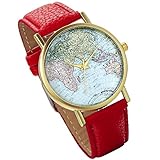Lancardo Damen Herren Armbanduhr, Fashion Casual Weltkarte Analog Quarz Uhr mit Leder Armband,rot
