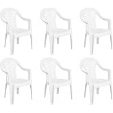 Solycarpa Pack of 6 Plastic Outdoor Garden Chairs | Stackable White Chair with Armrest for Garden, Terrace, Beach and Camping