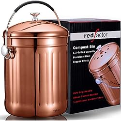 RED FACTOR Premium Seau Compost Inodore en Acier Inoxydable pour Cuisine - Poubelle Compost Cuisine en Cuivre de 5L - Le Composteur Cuisine Comprend 3 Filtres à Charbon de Rechange