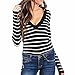 Produktbild Manadlian Damen Frau Mode V-Ausschnitt T-Shirt Schlank Lange Ärmel Schwarz Weiß Streifen Zur Seite fahren Bluse Tops (Schwarz, M)