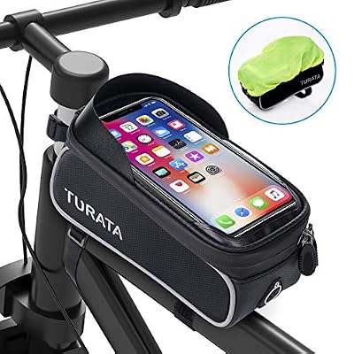 TURATA Sacoche Vélo Téléphone Etanche, Support Téléphone Cadre Vélo VTT avec Housse de Pluie Imperméable Pochette Rangement Ecran Tactile Transparent pour Smartphone sous 6,5 Pouces