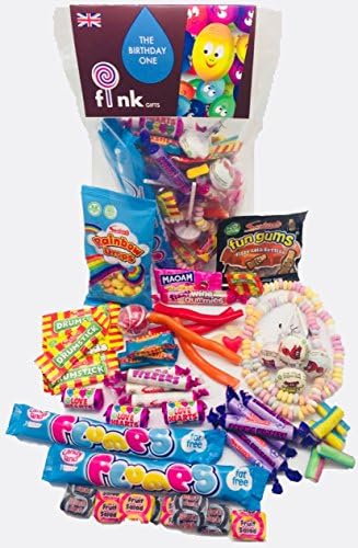 The Birthday One | Birthday Sweets Gift Bag | Candy Hamper Sweet Selection Birthday Box Bundle Bag | Best Of British Collection | fink gifts | CONTAINS: Cola Bottles | Maoam | Rainbow Drops | Candy Necklace | Flumps | Love Hearts | Parma Violets | Black Jacks | Fruit Salads | PLUS MANY MORE