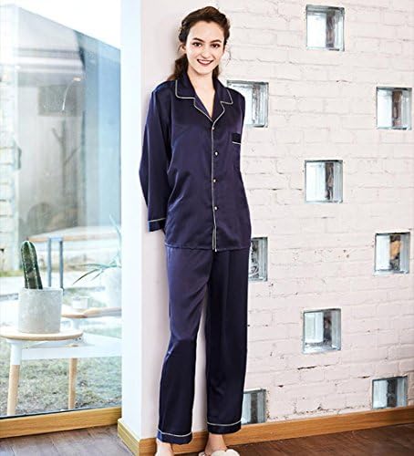 Pakamo Couples Silk Satin Pajamas Homewear Luxurious Nightwear for women Spring Autumn Ladies Pijamas Sets, navy, xl